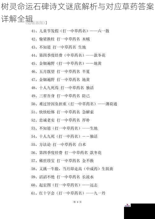 树灵命运石碑诗文谜底解析与对应草药答案详解全辑