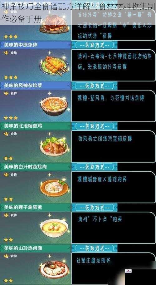 神角技巧全食谱配方详解与食材材料收集制作必备手册