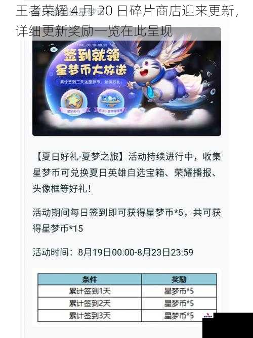 王者荣耀 4 月 20 日碎片商店迎来更新，详细更新奖励一览在此呈现